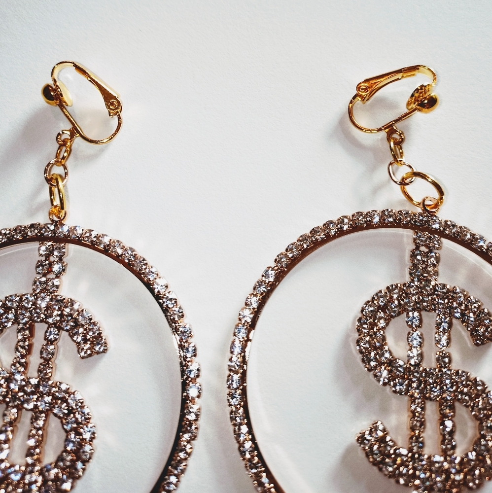 2" Gold Rhinestone $ Sign Hoop Clipon Earrings - Picture 3 of 6